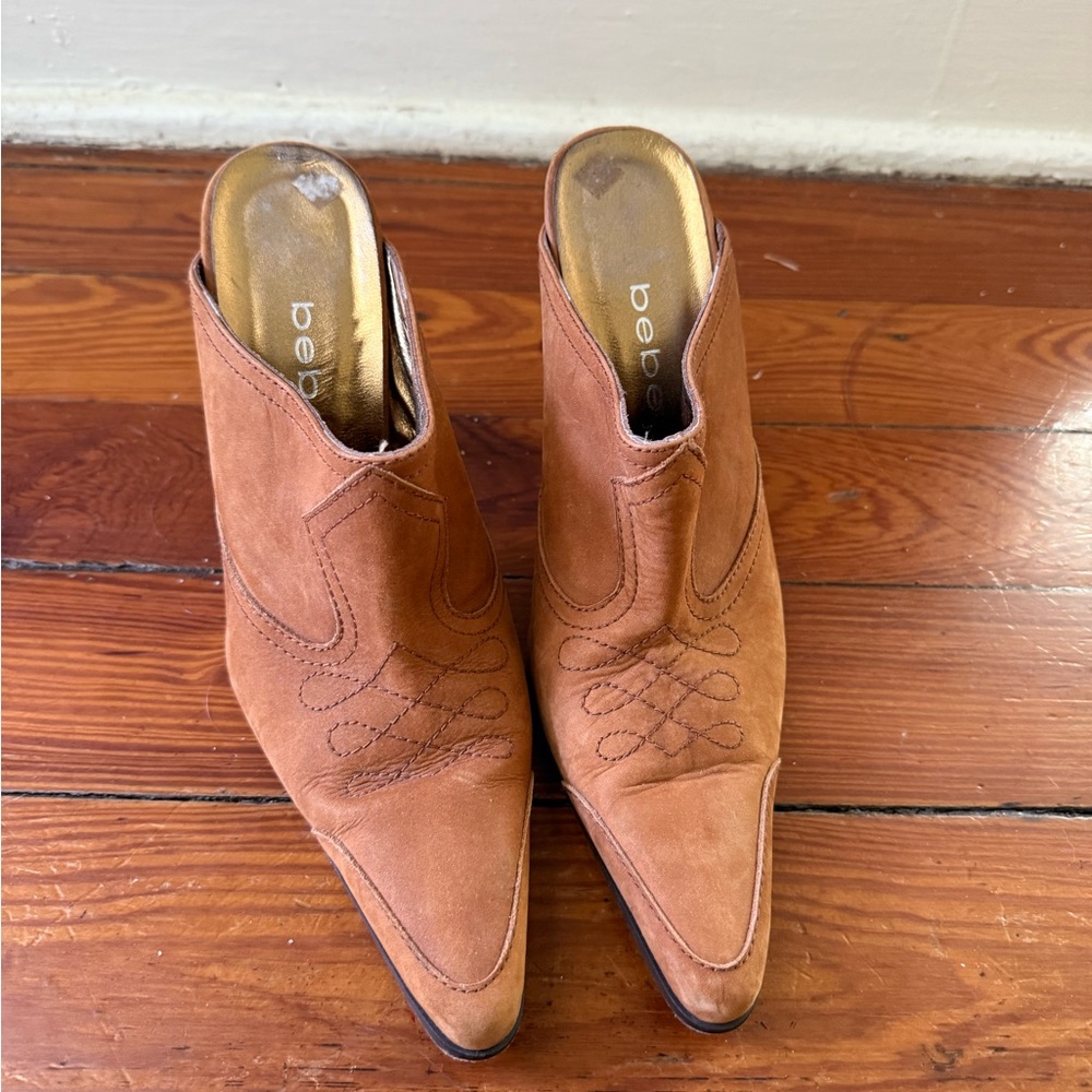Bebe Camel Suede Pointed-Toe Mules